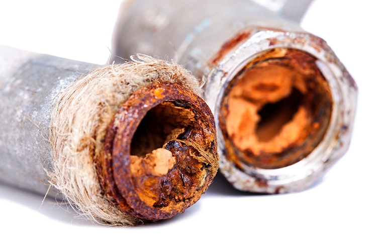 Two broken plumbing pipe almost completely blocked with vibrant orange rust. Isolated on white background.