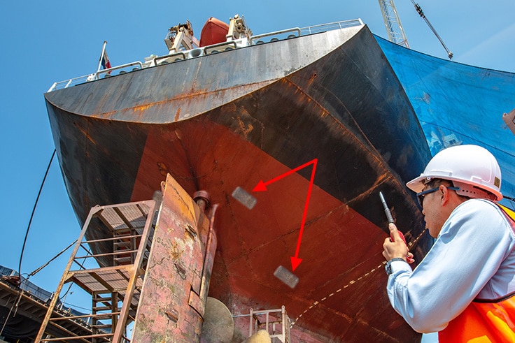 sacrificial anodes on ship hull for biocorrosion protection