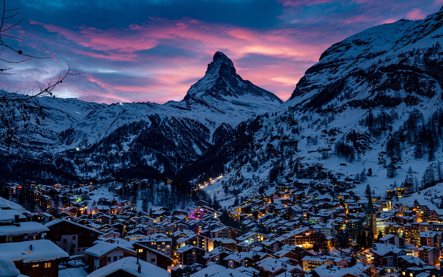 winter night in Swiss village near Matterhorn