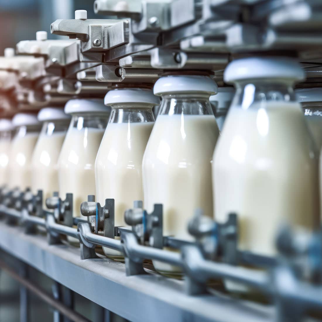 glass bottles of milk on packaging line