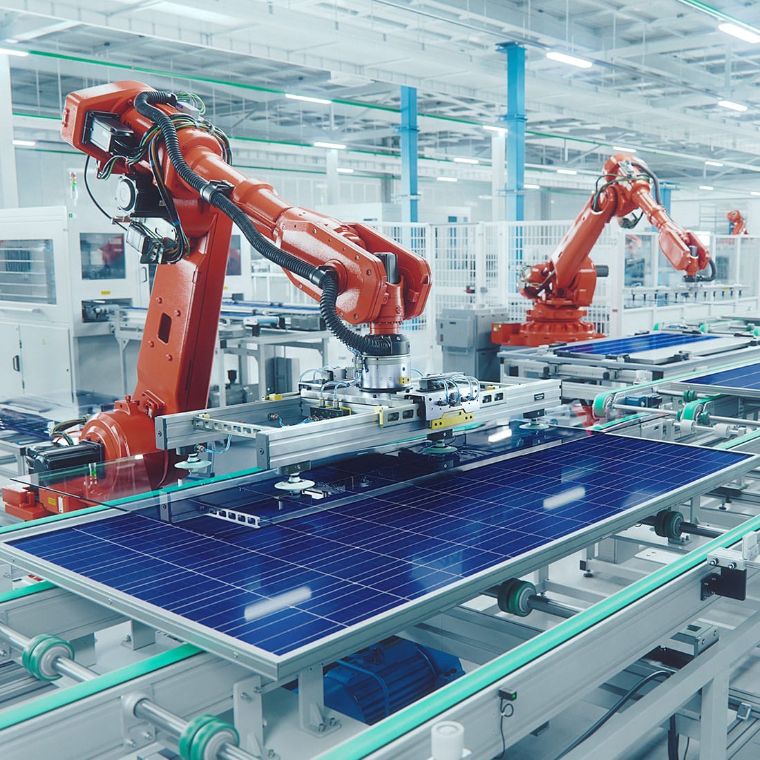 coatings for renewable energy applied during solar panel production in automated factory