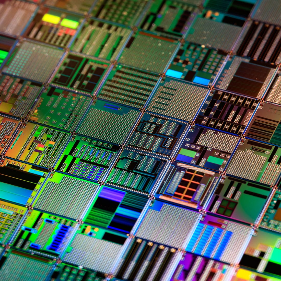 close up of wafer with semiconductor coatings applied